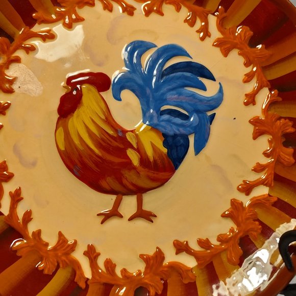 BELLA CASA ROOSTER PLATE BY GANZ EARTHTONES EXCELLENT CONDITION WITH HANDLES 10" - Picture 2 of 4